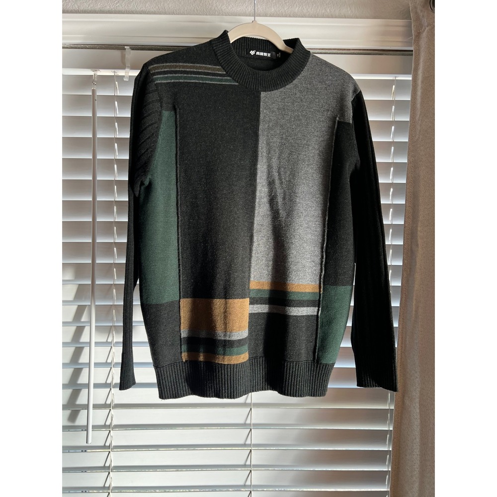 Qing Zang Mu Wang Sweater 100% Wool Patchwork Colorblock Modernist Dk Academia S